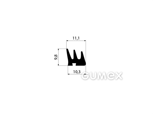 Gumový profil tvarový, 9,8x11,1mm, 2-prúd, 60°ShA, EPDM, -40°C/+100°C, čierny